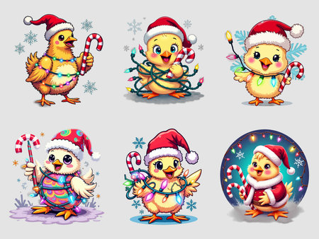 Set of cute chicken in christmas and new year theme vector illustrationのイラスト素材