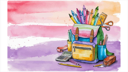 School supplies on a watercolor background. Back to school. Vector illustration.のイラスト素材