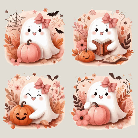Set of cute ghosts with autumn leaves and pumpkins, vector illustrationのイラスト素材