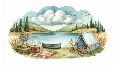 Illustration of a summer landscape with a tent, a boat and a lakeのイラスト素材