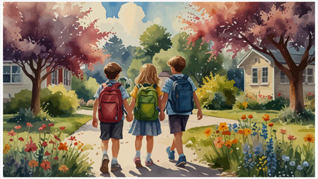 Children with backpacks go to school in the park. Vector illustrationのイラスト素材