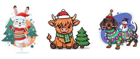 Cute cartoon animals in Christmas and New Year. Vector illustration.のイラスト素材