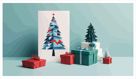 christmas tree with gift boxes and greeting card vector illustration desingのイラスト素材