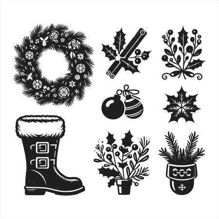Christmas and New Year elements set. Black and white vector illustration.のイラスト素材