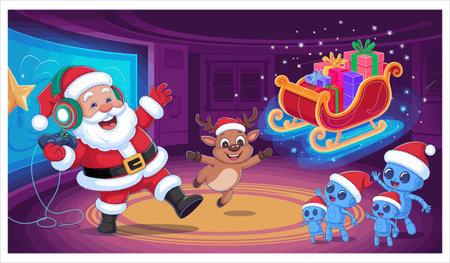 Santa Claus and reindeer in christmas night vector illustration.のイラスト素材