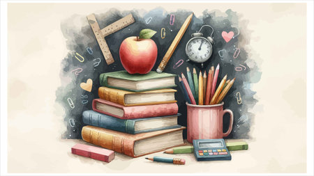 Back to school background with books, pencils, alarm clock and appleのイラスト素材