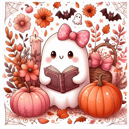 Cute cartoon ghost with book and pumpkins. Vector illustration.のイラスト素材