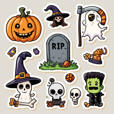 Halloween stickers set. Cute cartoon halloween elements.のイラスト素材