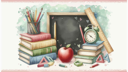 Back to school background with books, alarm clock, pencils, apple and chalkboardのイラスト素材