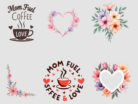 Coffee and flowers set. Hand drawn vector design elements.のイラスト素材