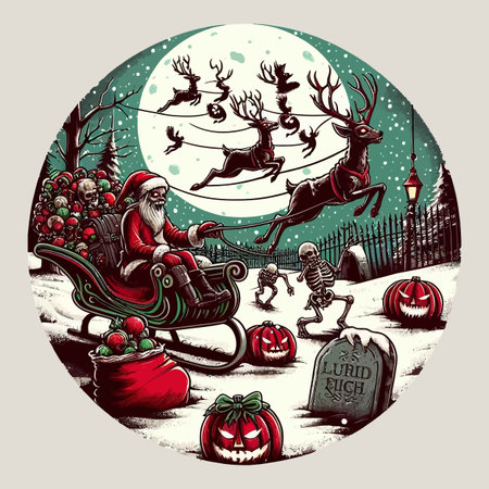 Santa Claus on a sleigh with reindeers and pumpkinsのイラスト素材