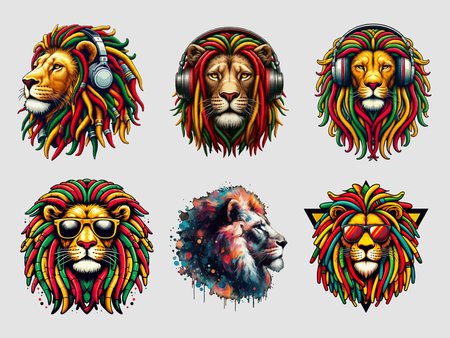Lion head with colorful hair and music headphones. Collection of vector illustrations.のイラスト素材