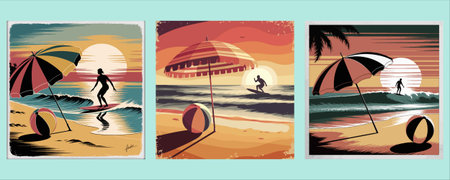 Set of posters with surfer on the beach. Vector illustration.のイラスト素材