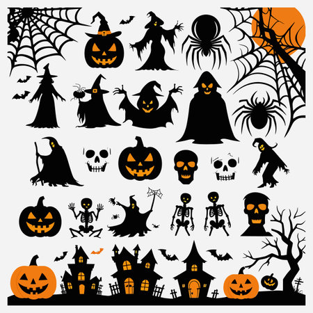 Set of silhouettes of Halloween icons on a white background. Vector illustrationのイラスト素材