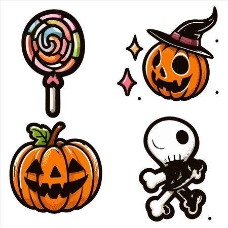 Halloween icons set with candies, pumpkin, skull, candy, skull and bonesのイラスト素材