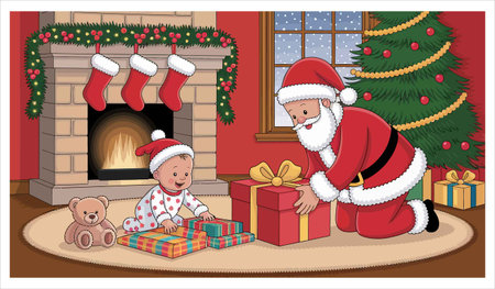 A charming illustration depicts Santa Claus kneeling beside a young child who is eagerly opening a gift. The scene is set in a cozy room adorned with a festive Christmas tree and a fireplace with stockings hung by the mantle. Gifts are scattered around, hinting at the joy and excitement of Christmas morning. The atmosphere is warm and celebratory, capturing the magic of the holiday season. This image evokes feelings of childhood wonder and the generosity associated with Christmas.のイラスト素材
