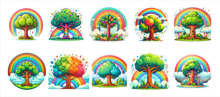 A collection of ten cartoon-style trees, each depicted with vibrant green foliage and distinct trunks. Several trees are framed by colorful rainbows, suggesting a whimsical or magical theme. Puffs of white clouds are also visible, adding to the stylized, fantastical atmosphere of each illustration. These images are suitable for children's books, educational materials, or any project requiring playful nature imagery.のイラスト素材
