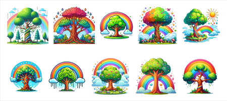 Set of cartoon trees and rainbows isolated on white background. Vector illustration.のイラスト素材