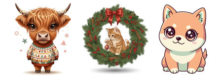 Set of cute cartoon animals with christmas wreath. Vector illustration.のイラスト素材