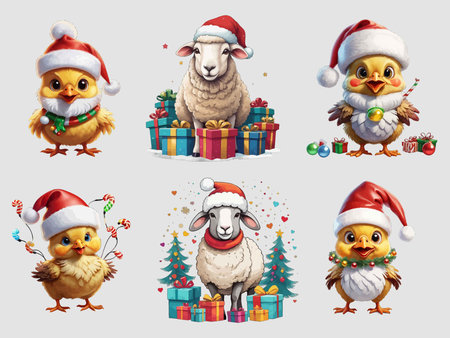 Christmas and New Year set with chicken, sheep, rooster, goat, sheep, snowman and other animals illustrationのイラスト素材