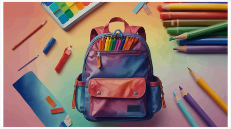 Back to school concept. School bag with pencils, erasers and other stationery on a colorful...
