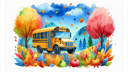 Back to school background with school bus and autumn leaves. Vector illustration.のイラスト素材