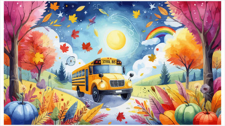 Back to school background with school bus and autumn leaves. Vector illustration