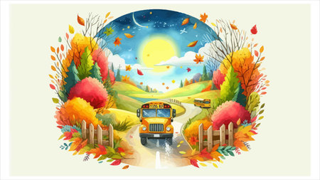 Back to school background with school bus and colorful autumn leaves. Vector illustration.のイラスト素材