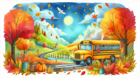 Back to school background with school bus and autumn leaves. Vector illustrationのイラスト素材