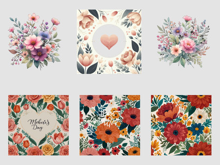 Set of 6 cards with flowers and heart. Greeting card template.のイラスト素材