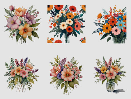 Set of floral bouquets in watercolor style. Vector illustration.のイラスト素材