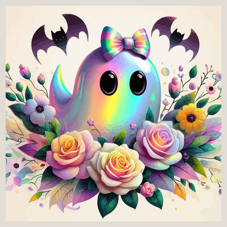 Halloween background with cute unicorn, flowers and bats. Vector illustration.のイラスト素材