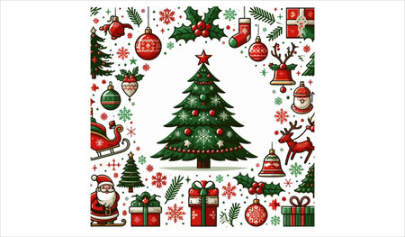 Christmas and New Year vector background with Christmas tree, Santa Claus, reindeer, snowflakes,...