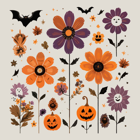 Halloween vector set with pumpkins, flowers, leaves and batsのイラスト素材