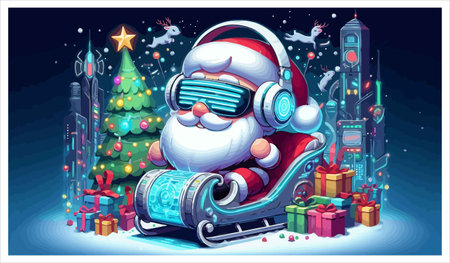 Santa Claus rides a sled with gifts in the city. Vector illustrationのイラスト素材