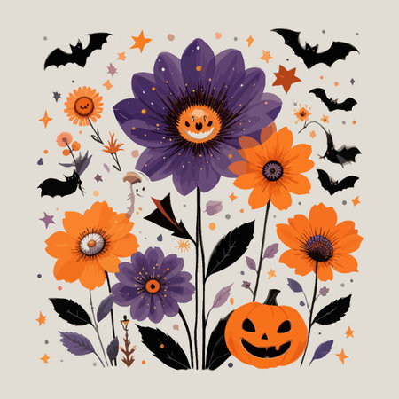 Halloween background with flowers, pumpkins and bats. Vector illustration.のイラスト素材