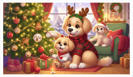 Christmas and New Year background with dog and puppy. Vector illustration.のイラスト素材