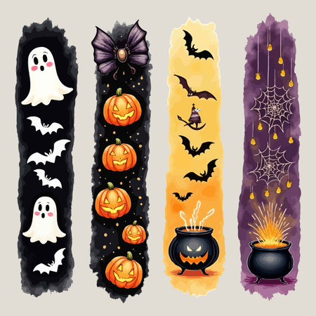 Halloween banners set with pumpkins and bats. Vector illustration.のイラスト素材