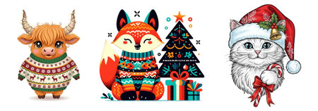 Cute cartoon cat, bull, fox, deer and christmas tree. Vector illustration.のイラスト素材
