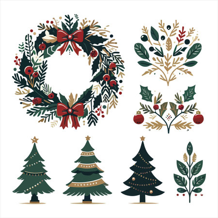 Set of christmas wreaths and fir trees. Vector illustration.のイラスト素材