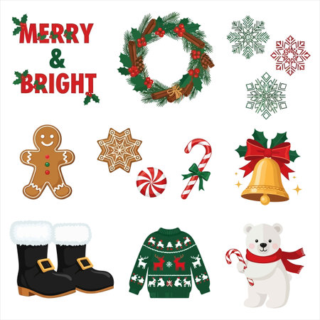 Christmas elements set. Vector illustration in a flat style. Isolated on white background.のイラスト素材