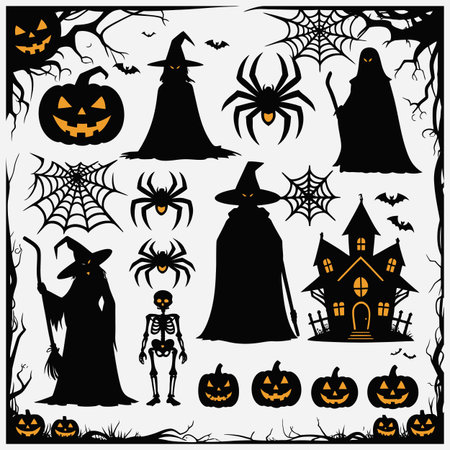 Halloween set of black silhouettes on white background. Vector illustration.のイラスト素材