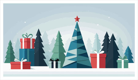 Christmas and New Year background with Christmas trees and gifts. Vector illustration.のイラスト素材