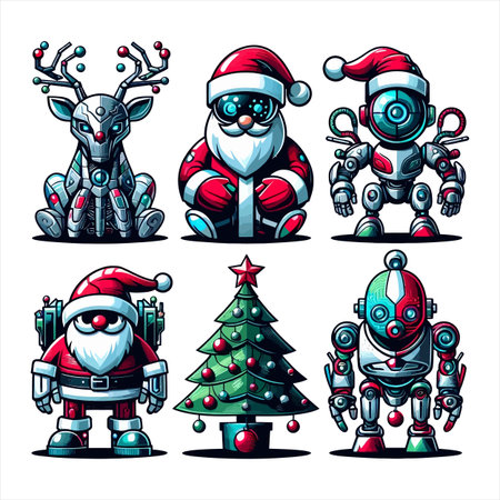 Santa Claus, reindeer and robot with christmas tree. Vector cartoon illustration.のイラスト素材