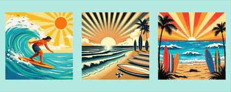 Surfers on the beach at sunset. Set of posters with surfer. Vector illustration