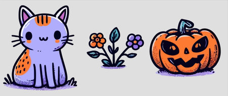 Set of cute cats and pumpkins for Halloween. Vector illustration.のイラスト素材