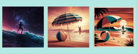 Set of banners with silhouettes of people on the beach. Vector illustrationのイラスト素材