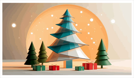 Christmas and New Year background with Christmas tree and gift boxes. Vector illustration.のイラスト素材