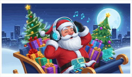 Santa Claus listening to music with headphones and Christmas tree in the backgroundのイラスト素材