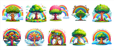Set of different trees and rainbow cartoon vector illustration isolated on white background.のイラスト素材